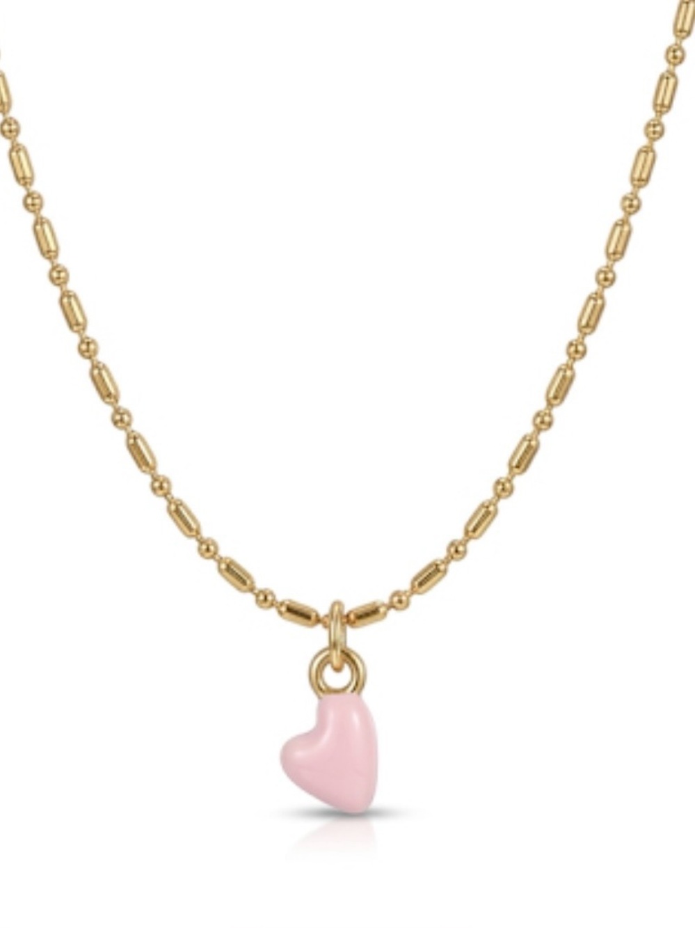 Gold Beaded Chain Necklace with Pink Heart Charm